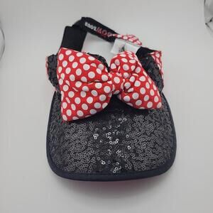 Disney Minnie Mouse Hat Visor Strap Back Black Red Sequin Polka Dot Bow Womens